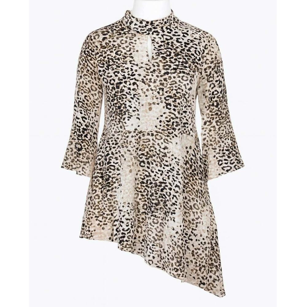 CATO KEYHOLE LONG SLEEVE ASYMETRICAL FLARE SLEEVE TUNIC LEOPARD PRINT SIZE 18/20
